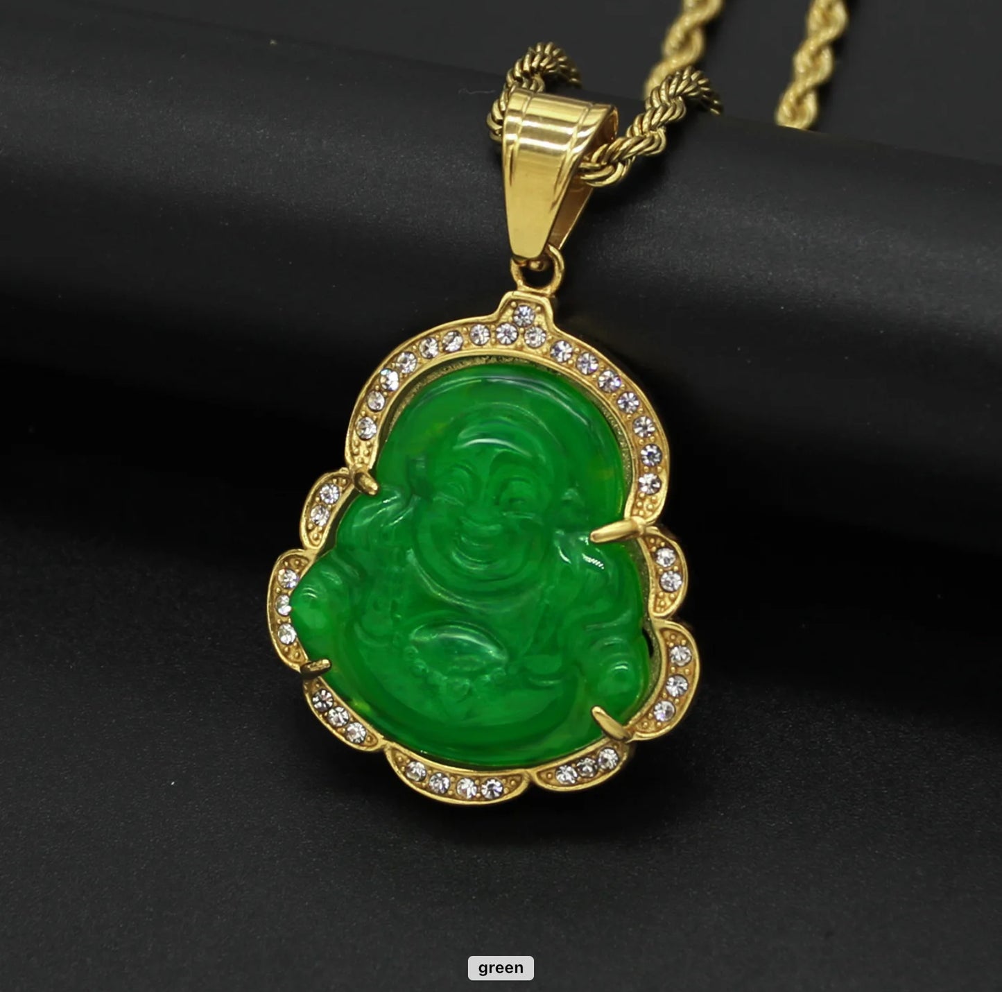 Crystal Rim Natural Jade Buddha Necklace