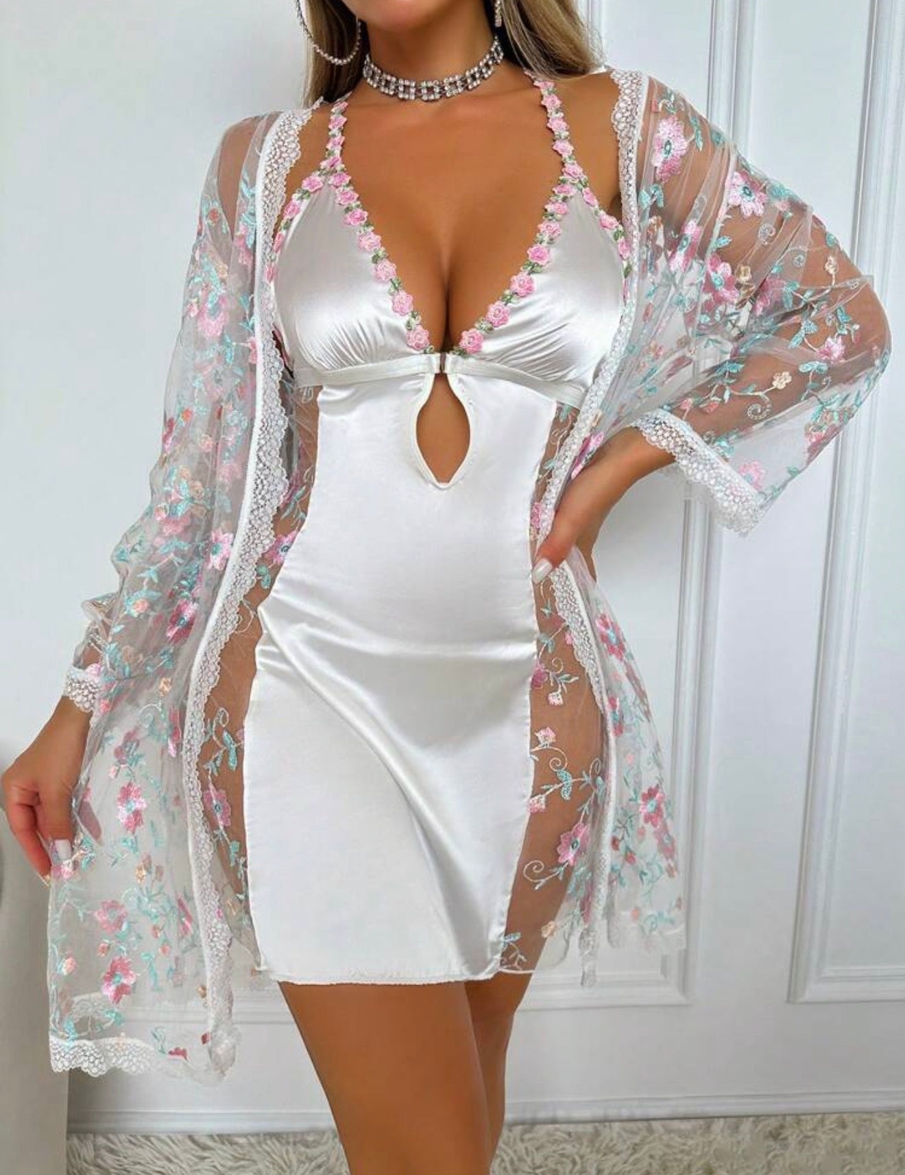 Floral Satin Lace Lingerie Pajama Set