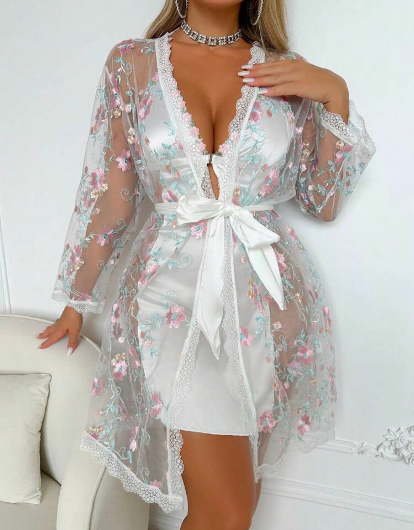 Floral Satin Lace Lingerie Pajama Set