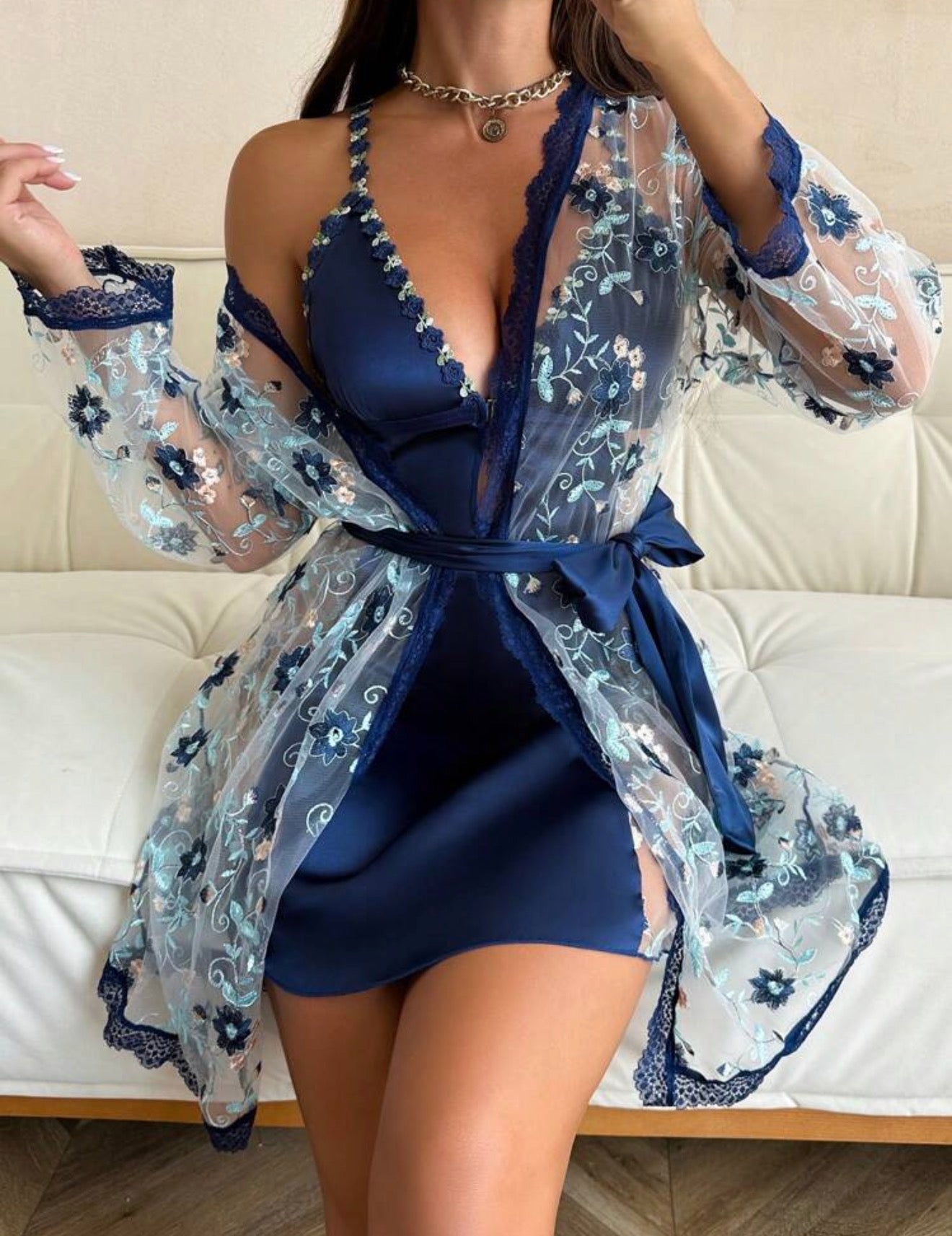 Floral Satin Lace Lingerie Pajama Set