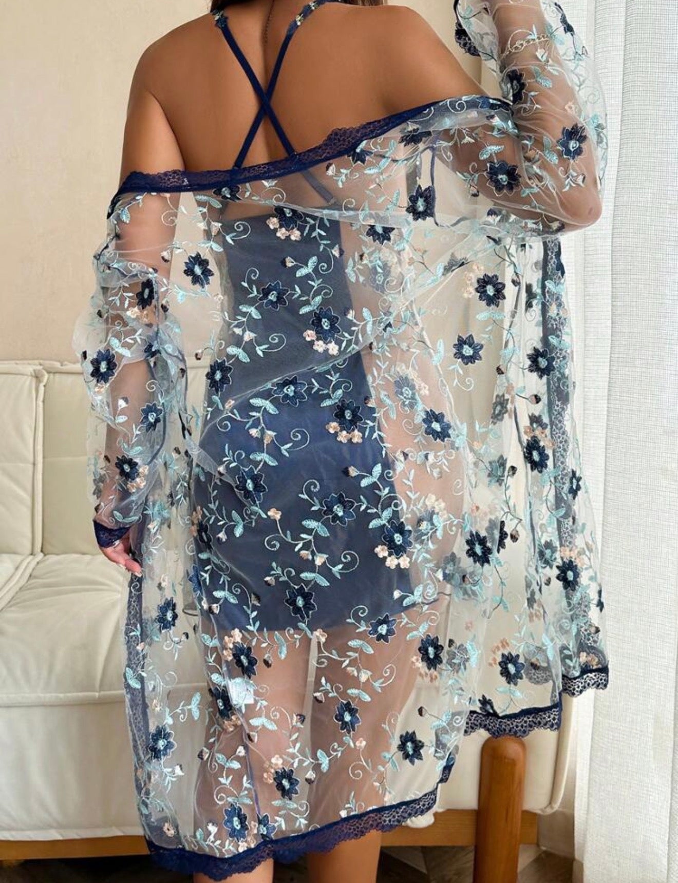 Floral Satin Lace Lingerie Pajama Set